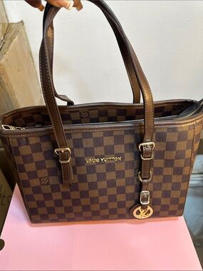 Louis Vuitton Brown Checkered Shoulder Tote with Gold Charm